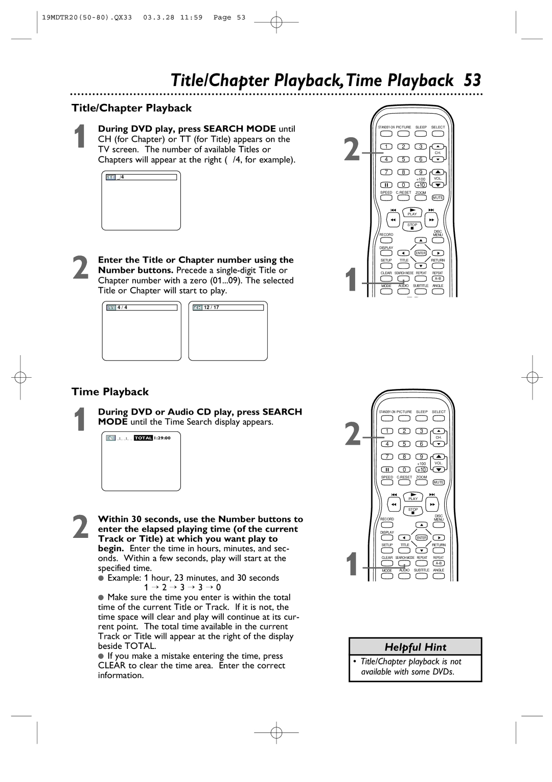 Magnavox 19MDTR20 owner manual Title/Chapter Playback,Time Playback 