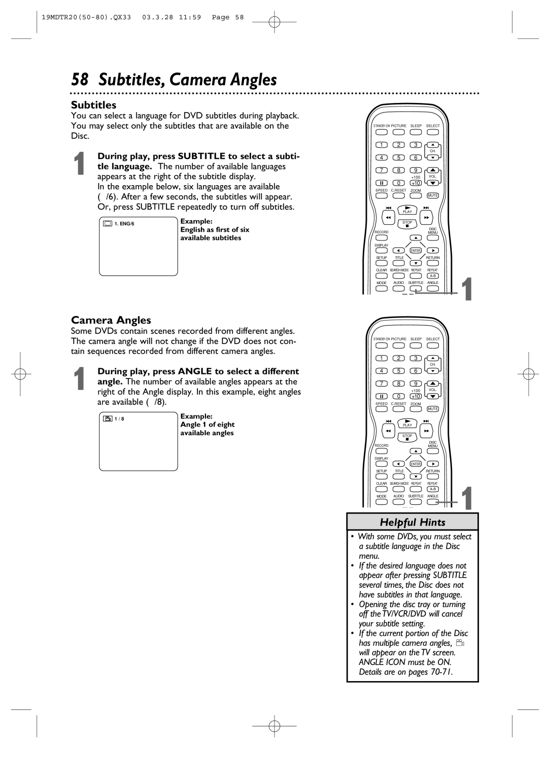 Magnavox 19MDTR20 owner manual Subtitles, Camera Angles 