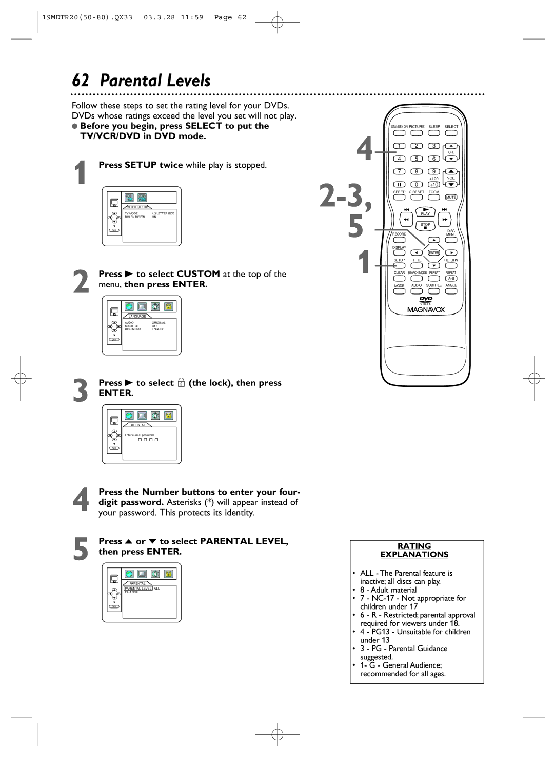 Magnavox 19MDTR20 owner manual Parental Levels, Press B to select Custom at the top Menu, then press Enter 