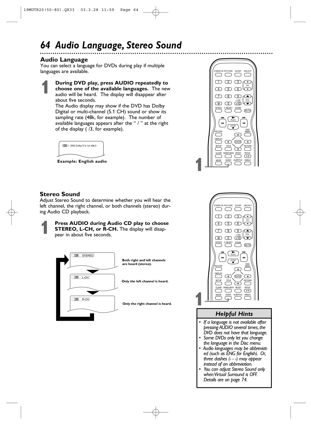 Magnavox 19MDTR20 owner manual Audio Language, Stereo Sound 