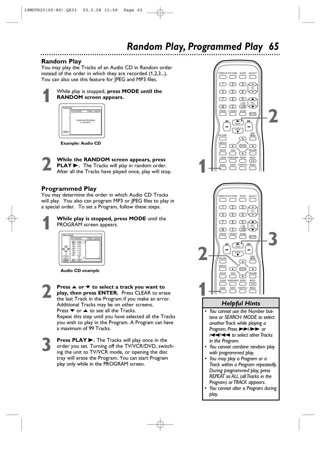 Magnavox 19MDTR20 owner manual Random Play, Programmed Play, While the Random screen appears, press 