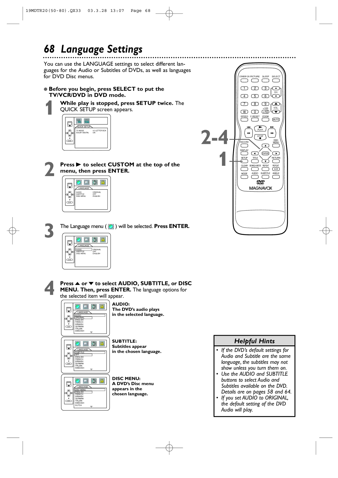 Magnavox 19MDTR20 owner manual Language Settings, Language menu 