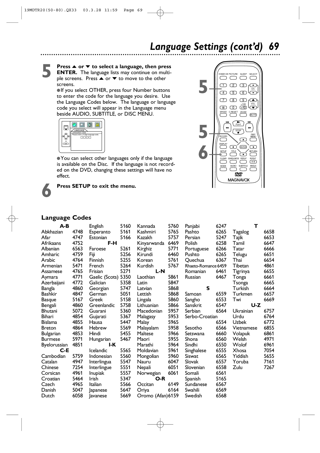 Magnavox 19MDTR20 owner manual Language Settings cont’d, Language Codes 