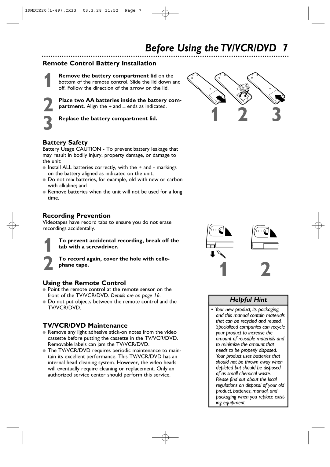 Magnavox 19MDTR20 owner manual Before Using the TV/VCR/DVD 