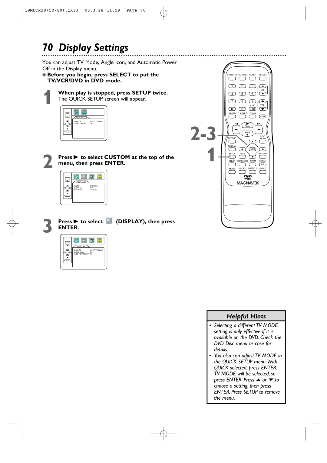 Magnavox 19MDTR20 owner manual Display Settings, Press B to select DISPLAY, then press 