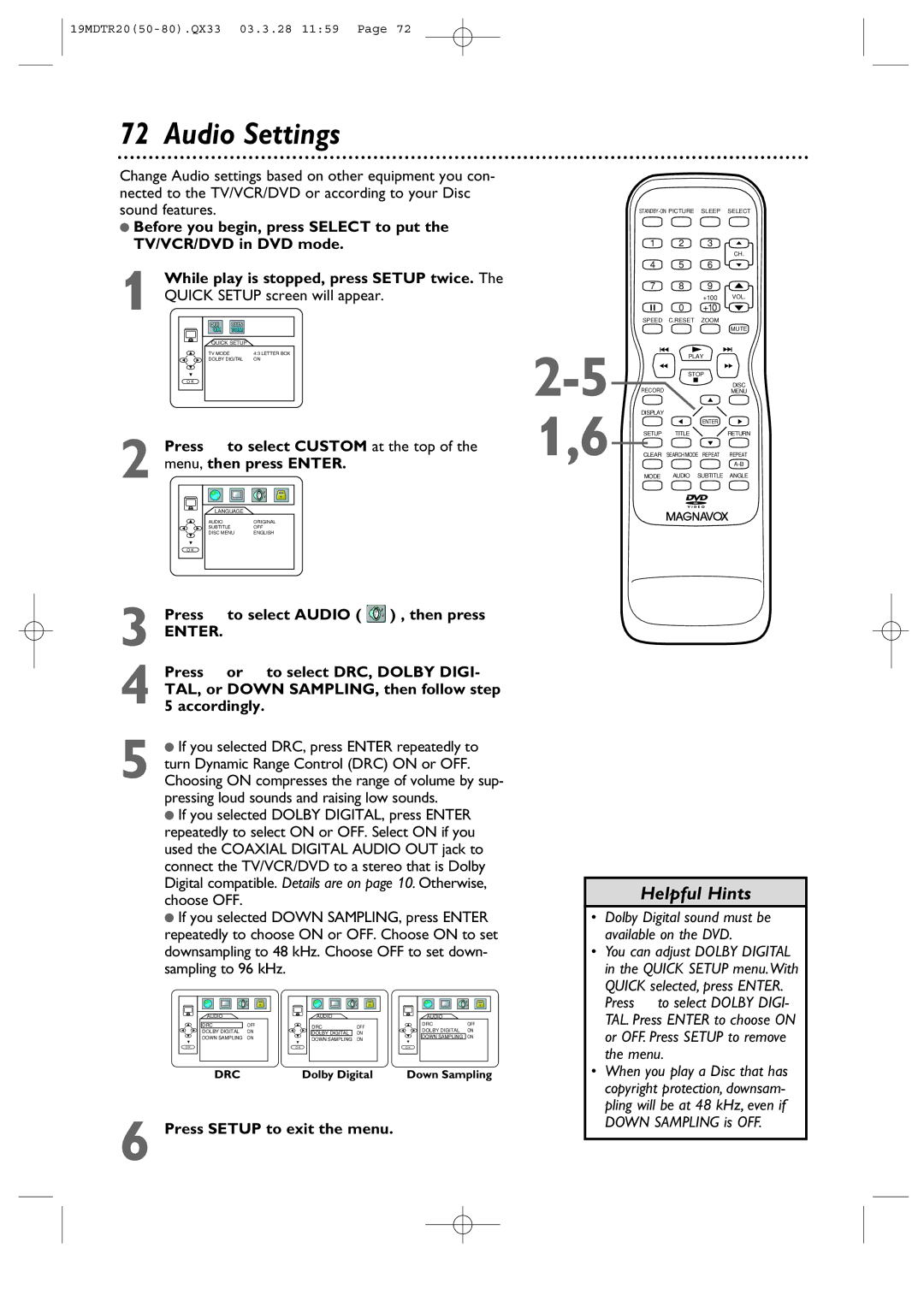 Magnavox 19MDTR20 Audio Settings, Press B to select Audio , then press, Dolby Digital sound must be available on the DVD 