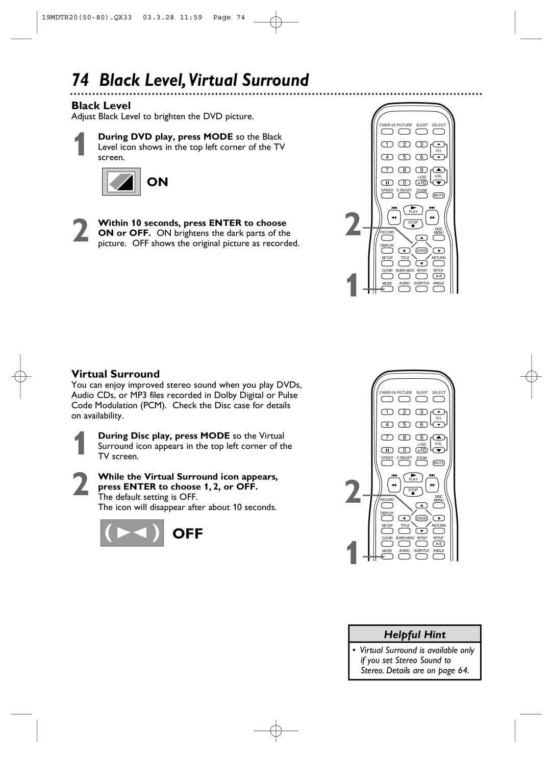 Magnavox 19MDTR20 owner manual Virtual Surround, Adjust Black Level to brighten the DVD picture 