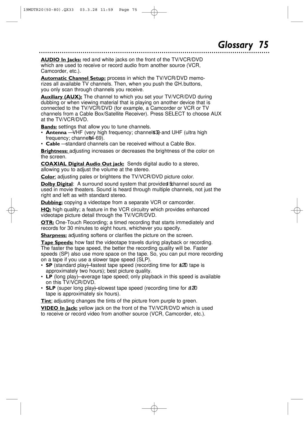 Magnavox 19MDTR20 owner manual Glossary 