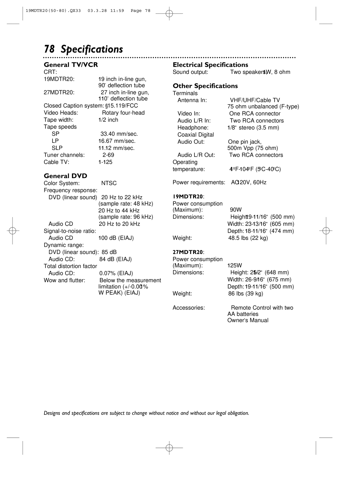 Magnavox 19MDTR20 owner manual General TV/VCR, General DVD, Electrical Specifications, Other Specifications 