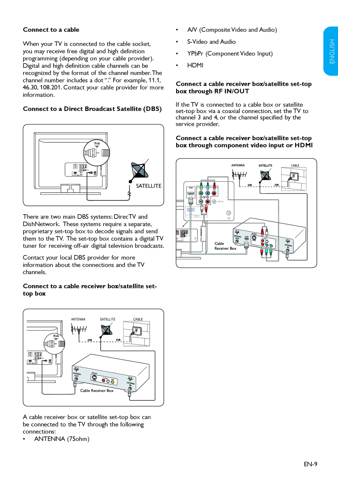 Magnavox 19MF338B user manual Connect to a cable, Connect to a Direct Broadcast Satellite DBS, EN-9 