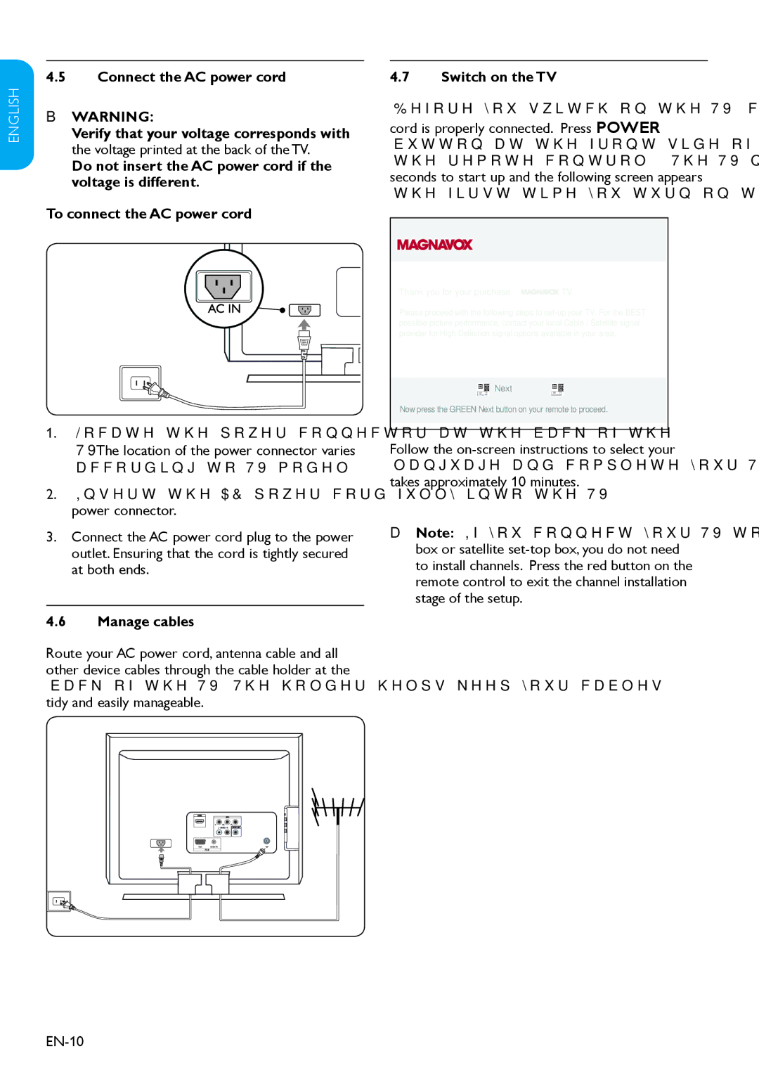 Magnavox 19MF338B user manual Connect the AC power cord, Manage cables, Switch on the TV 