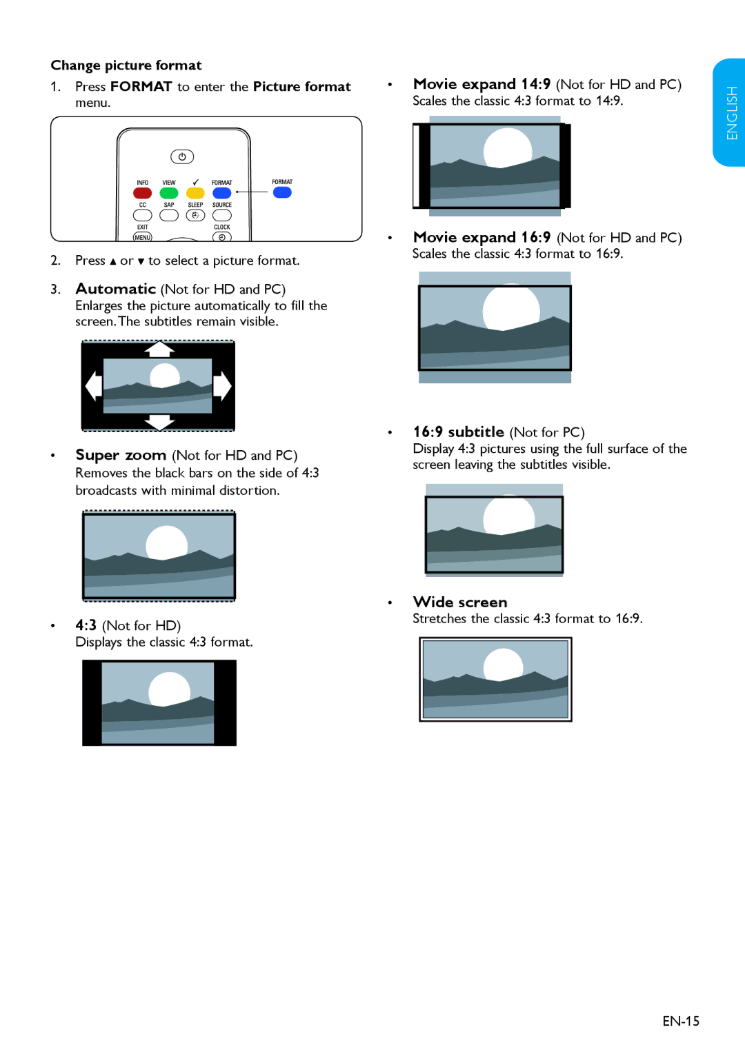 Magnavox 19MF338B user manual Subtitle Not for PC, Wide screen, Change picture format, Not for HD 