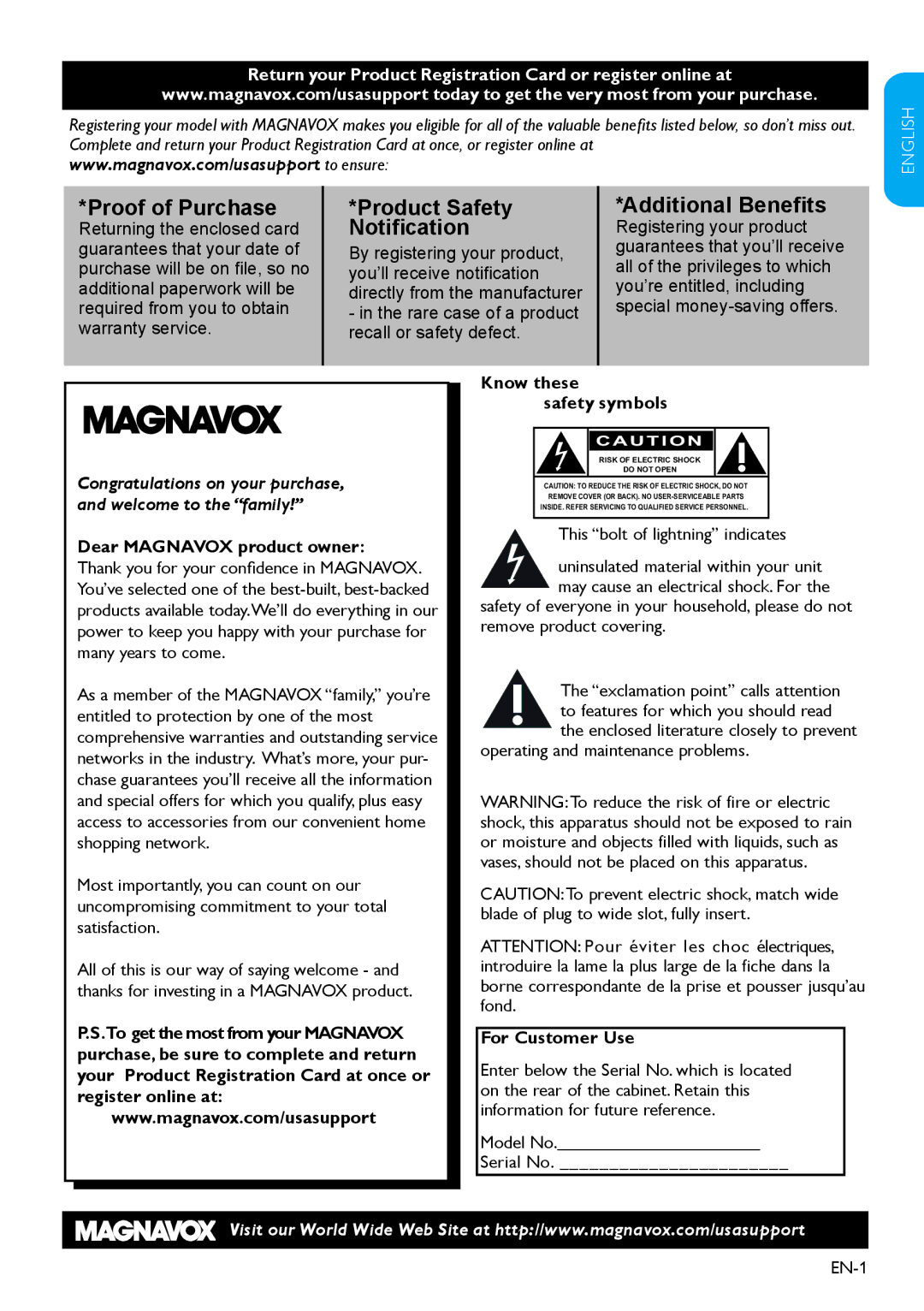 Magnavox 19MF338B user manual Dear Magnavox product owner, Know these Safety symbols, For Customer Use, Model No Serial No 