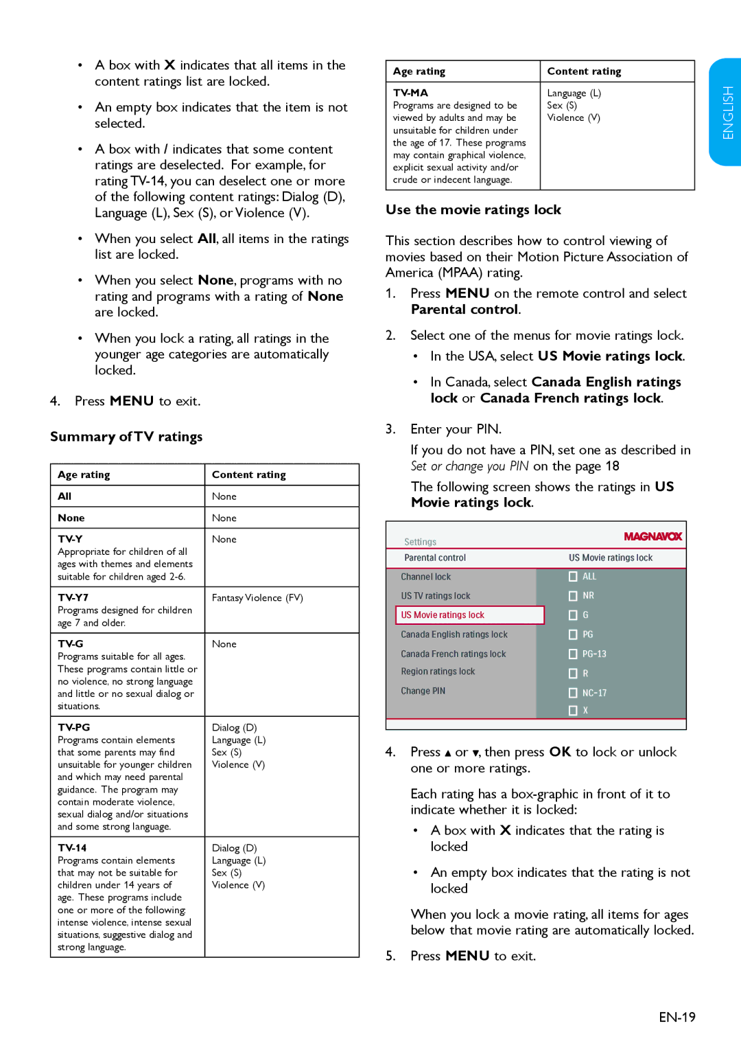 Magnavox 19MF338B user manual Summary of TV ratings, Use the movie ratings lock, USA, select US Movie ratings lock 