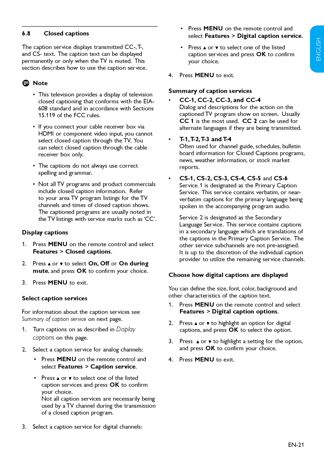 Magnavox 19MF338B user manual Closed captions, Display captions, Select caption services, T-2,T-3 and T-4 