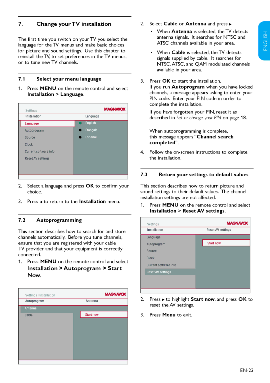 Magnavox 19MF338B user manual Change your TV installation, Installation Autoprogram Start Now 