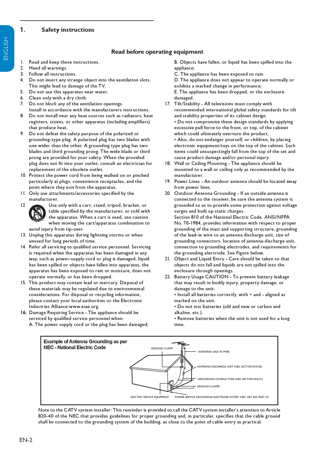 Magnavox 19MF338B user manual Safety instructions Read before operating equipment, EN-2 