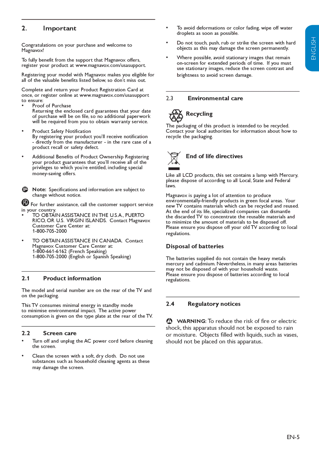 Magnavox 19MF338B user manual Product information, Screen care, Environmental care Recycling, End of life directives 