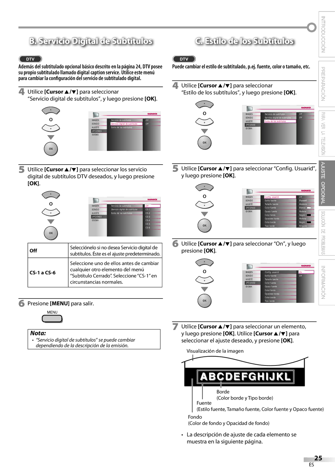 Magnavox 22MF339B, 19MF339B Servicio Digital de Subtítulos, Seleccione uno de ellos antes de cambiar, CS-1 a CS-6 