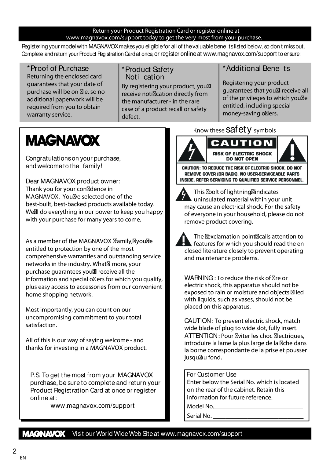 Magnavox 19MF339B, 22MF339B user manual Notification, For Customer Use 