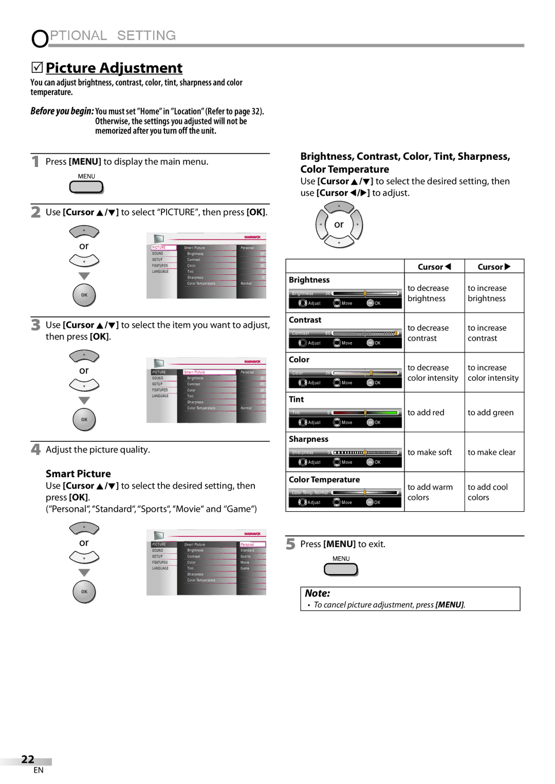 Magnavox 19MF339B, 22MF339B user manual 5Picture Adjustment, Smart Picture, Adjust the picture quality 