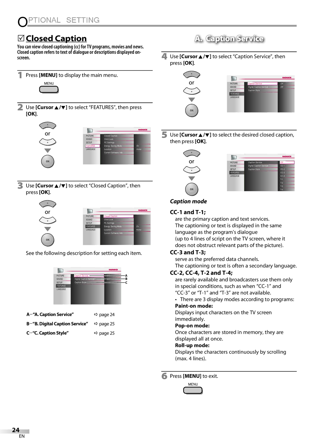 Magnavox 19MF339B, 22MF339B user manual 5Closed Caption, Caption Service, Caption mode 