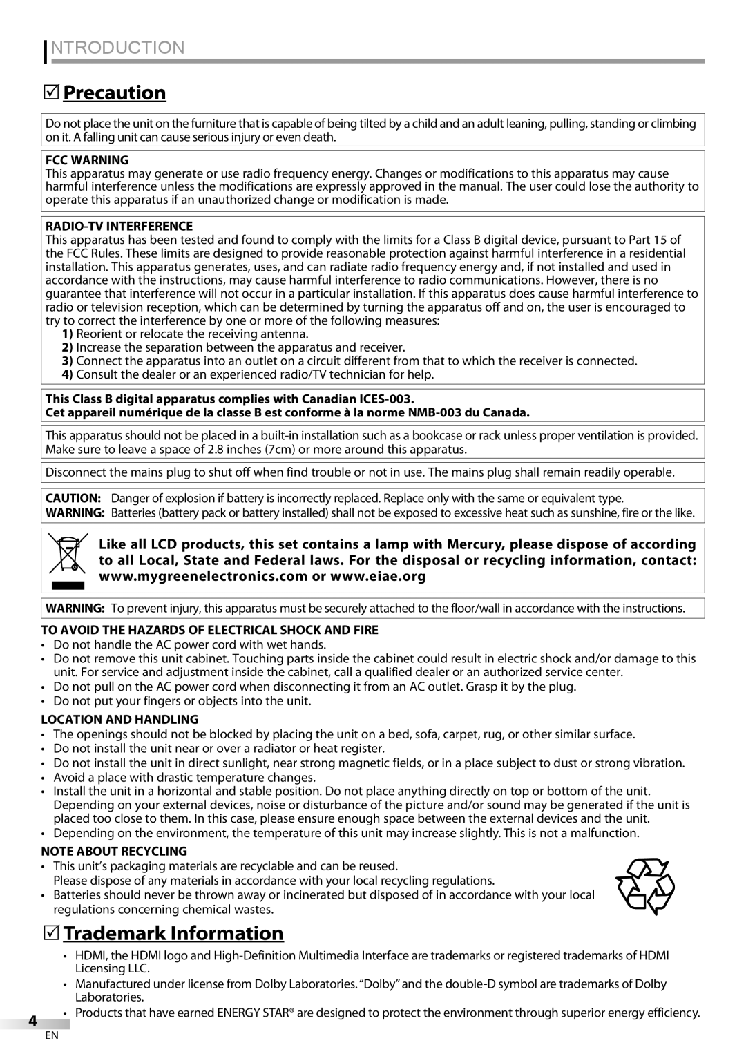 Magnavox 19MF339B, 22MF339B user manual Introduction, Precaution, 5Trademark Information 