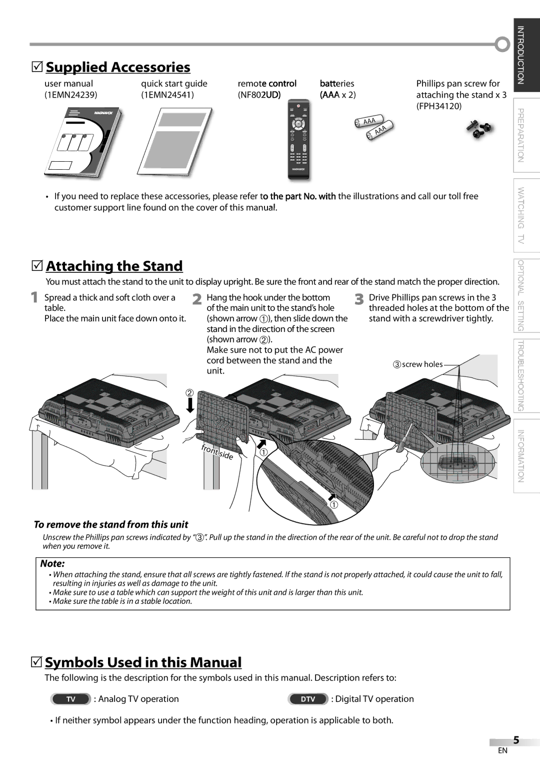 Magnavox 22MF339B, 19MF339B user manual 5Supplied Accessories, 5Attaching the Stand, 5Symbols Used in this Manual 