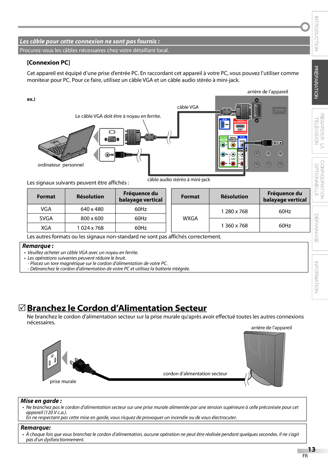 Magnavox 22MF339B 5Branchez le Cordon d’Alimentation Secteur, Connexion PC, Mise en garde, Résolution, Balayage vertical 