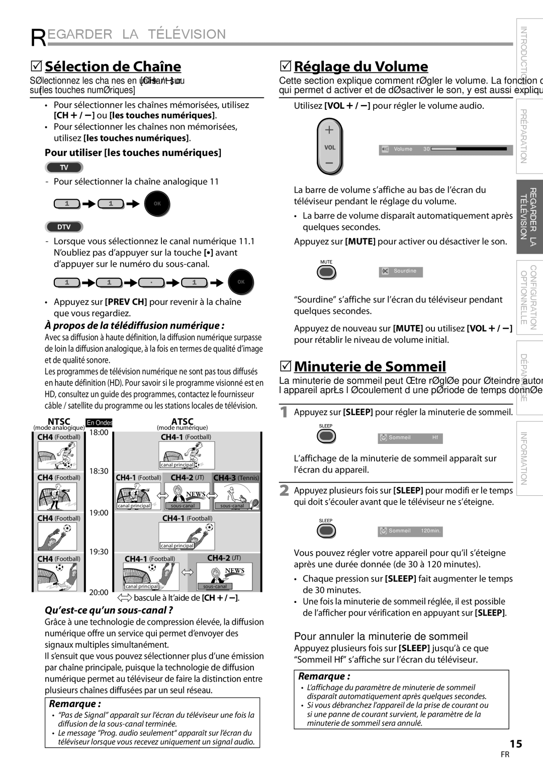 Magnavox 22MF339B, 19MF339B user manual 5Sélection de Chaîne, 5Réglage du Volume, 5Minuterie de Sommeil 