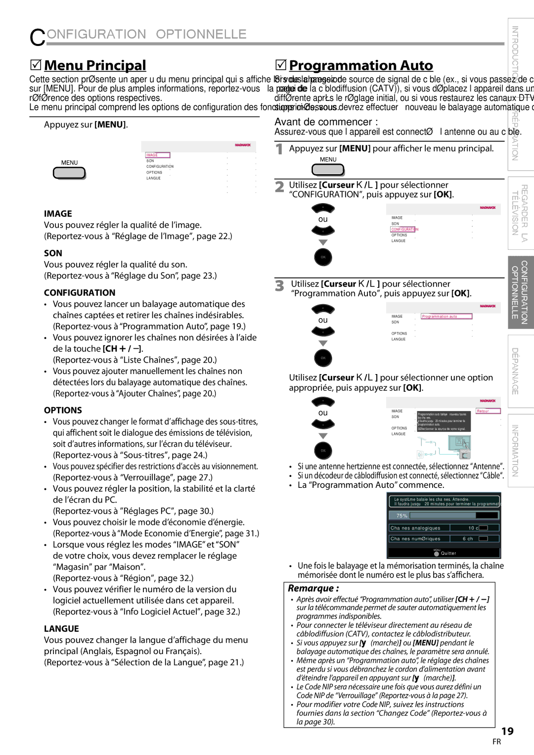 Magnavox 22MF339B, 19MF339B user manual Configuration Optionnelle, 5Menu Principal, 5Programmation Auto 