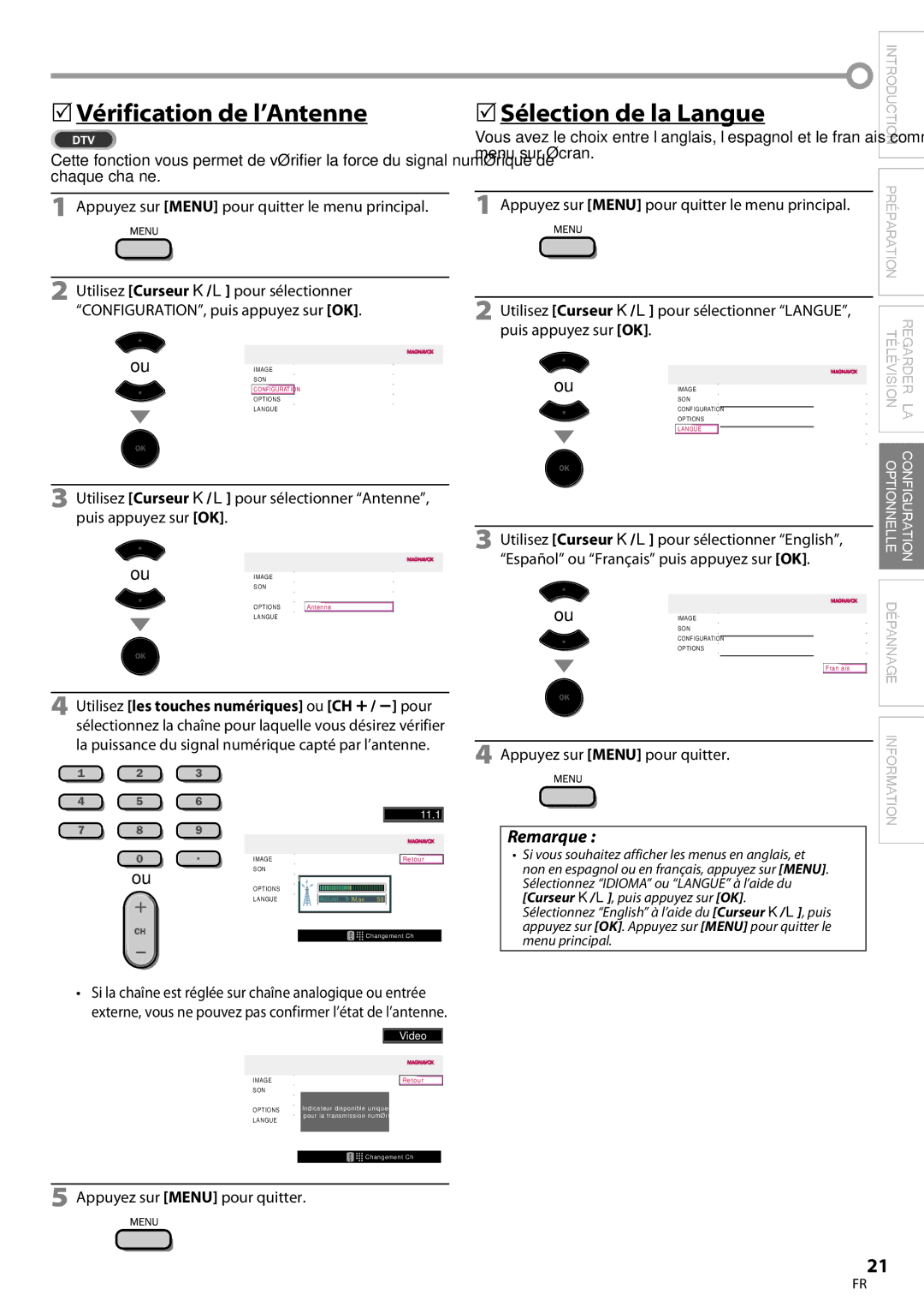 Magnavox 22MF339B, 19MF339B 5Vérification de l’Antenne, 5Sélection de la Langue, Menu sur écran, Puis appuyez sur OK 