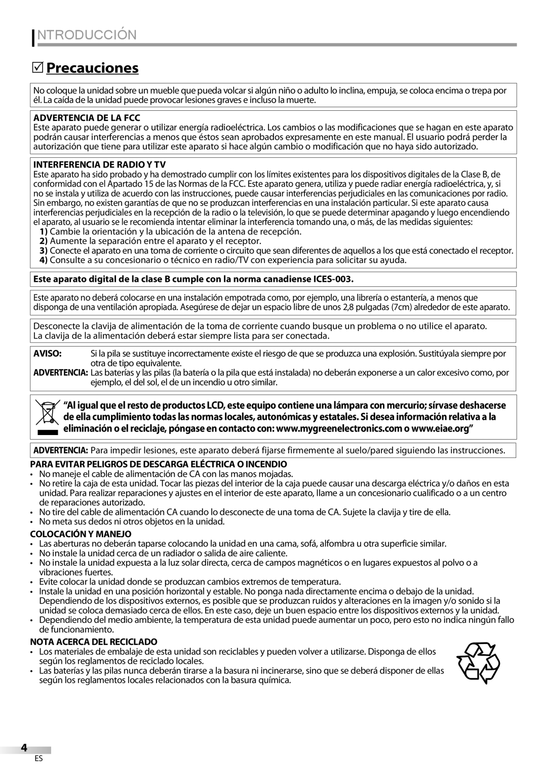 Magnavox 19MF339B, 22MF339B user manual Introducción, Precauciones 