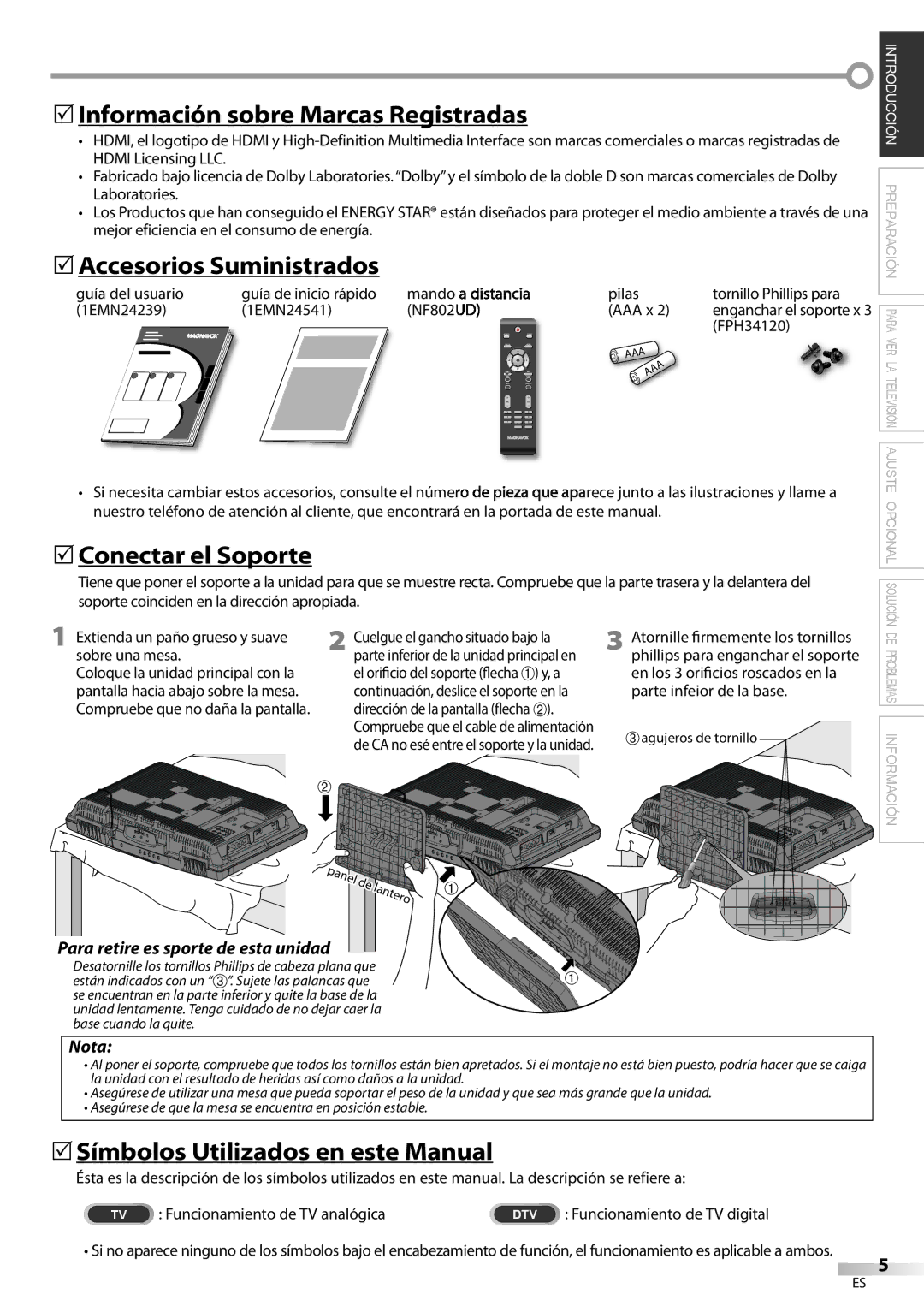 Magnavox 22MF339B, 19MF339B 5Información sobre Marcas Registradas, 5Accesorios Suministrados, 5Conectar el Soporte 