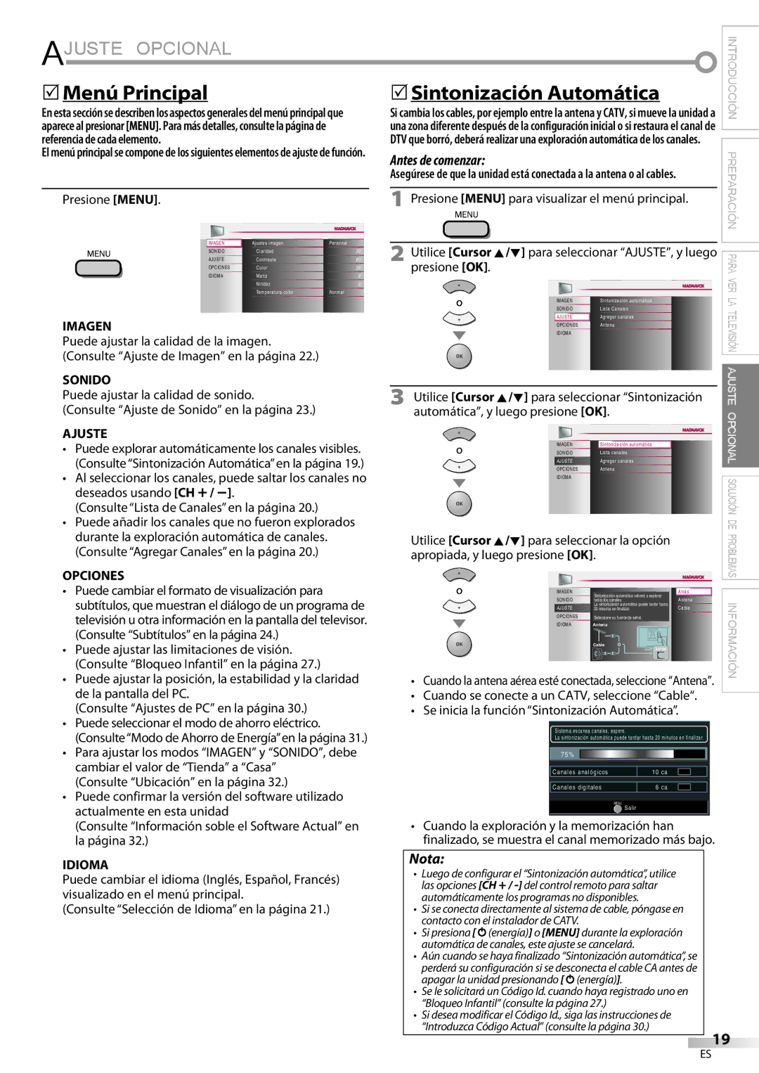Magnavox 22MF339B, 19MF339B user manual Ajuste Opcional, 5Menú Principal, 5Sintonización Automática 