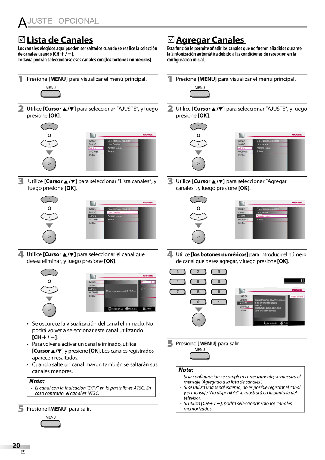 Magnavox 19MF339B, 22MF339B user manual 5Lista de Canales, 5Agregar Canales, Ch + 