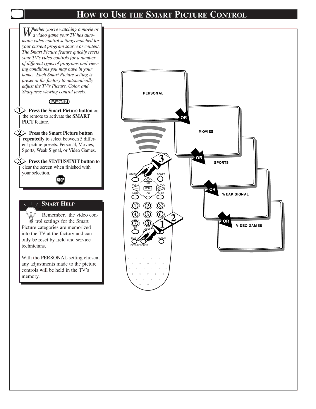 Magnavox 19PR15C warranty HOW to USE the Smart Picture Control, Press the STATUS/EXIT button to 