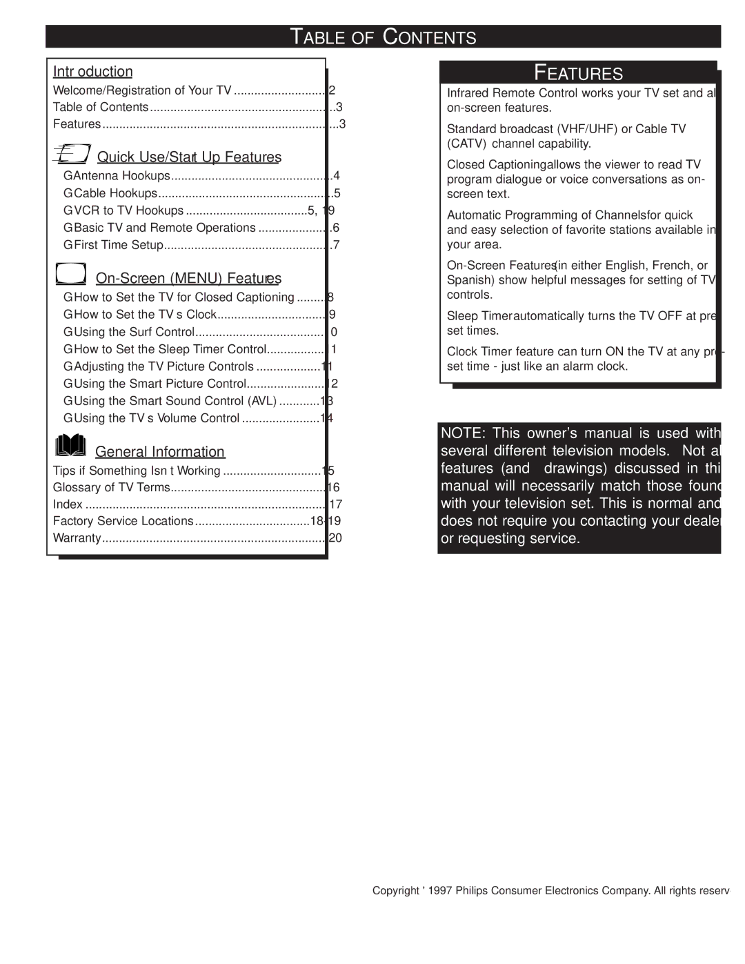 Magnavox 19PR15C warranty Table of Contents, Features 