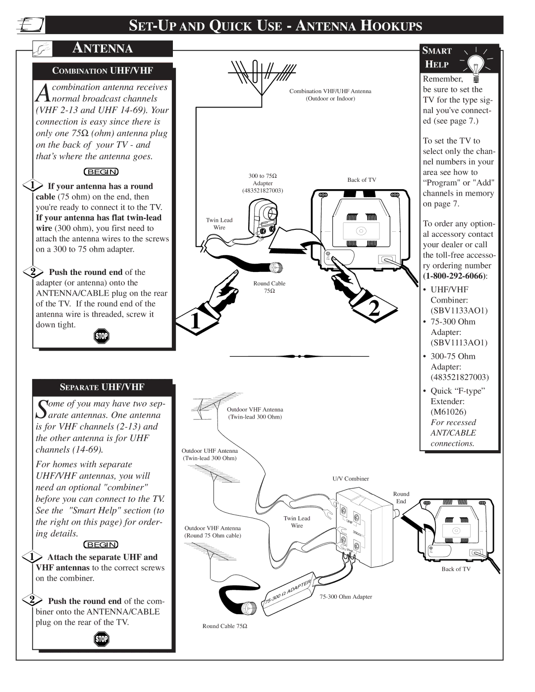 Magnavox 19PR15C SET-UP and Quick USE Antenna Hookups, If your antenna has a round, If your antenna has flat twin-lead 