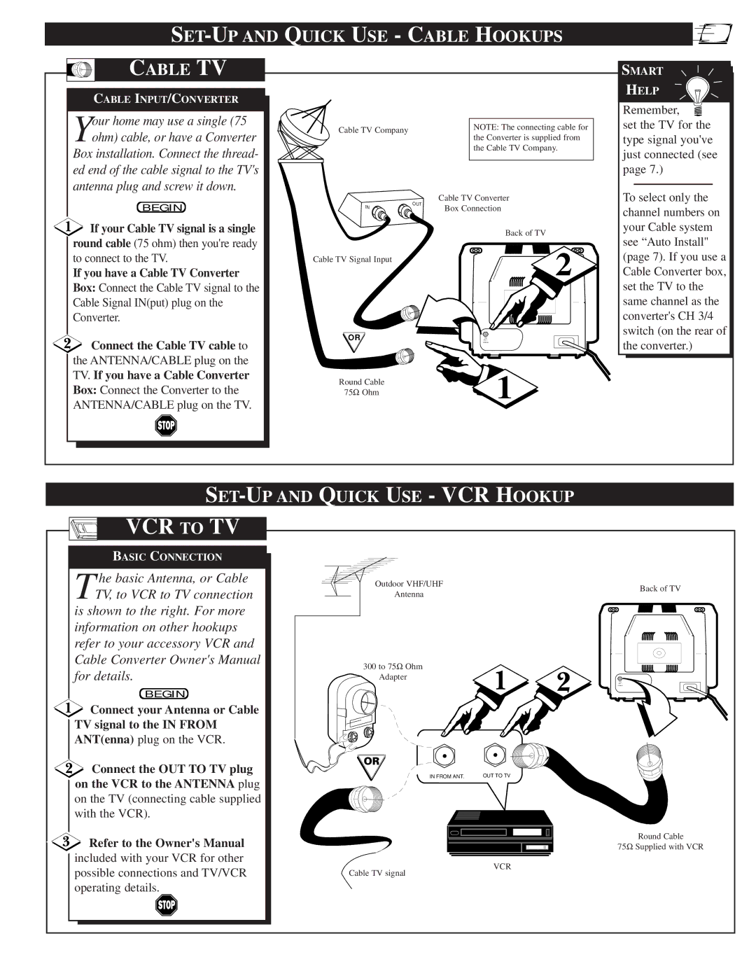 Magnavox 19PR15C warranty SET-UP and Quick USE Cable Hookups Cable TV, If your Cable TV signal is a single 