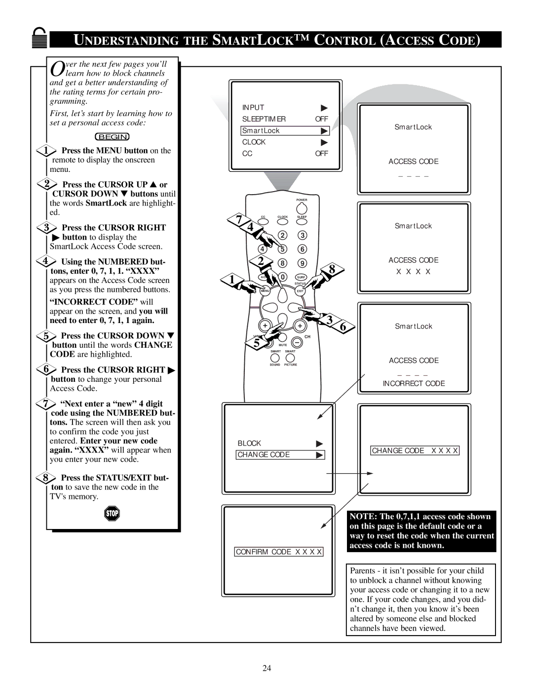 Magnavox 19PS56C manual Understanding the Smartlock Control Access Code, Button to display the SmartLock Access Code screen 