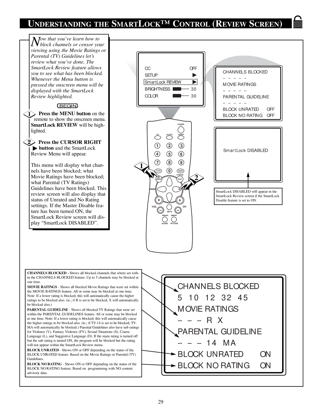 Magnavox 19PS56C manual Understanding the Smartlock Control Review Screen, Button and the SmartLock Review Menu will appear 