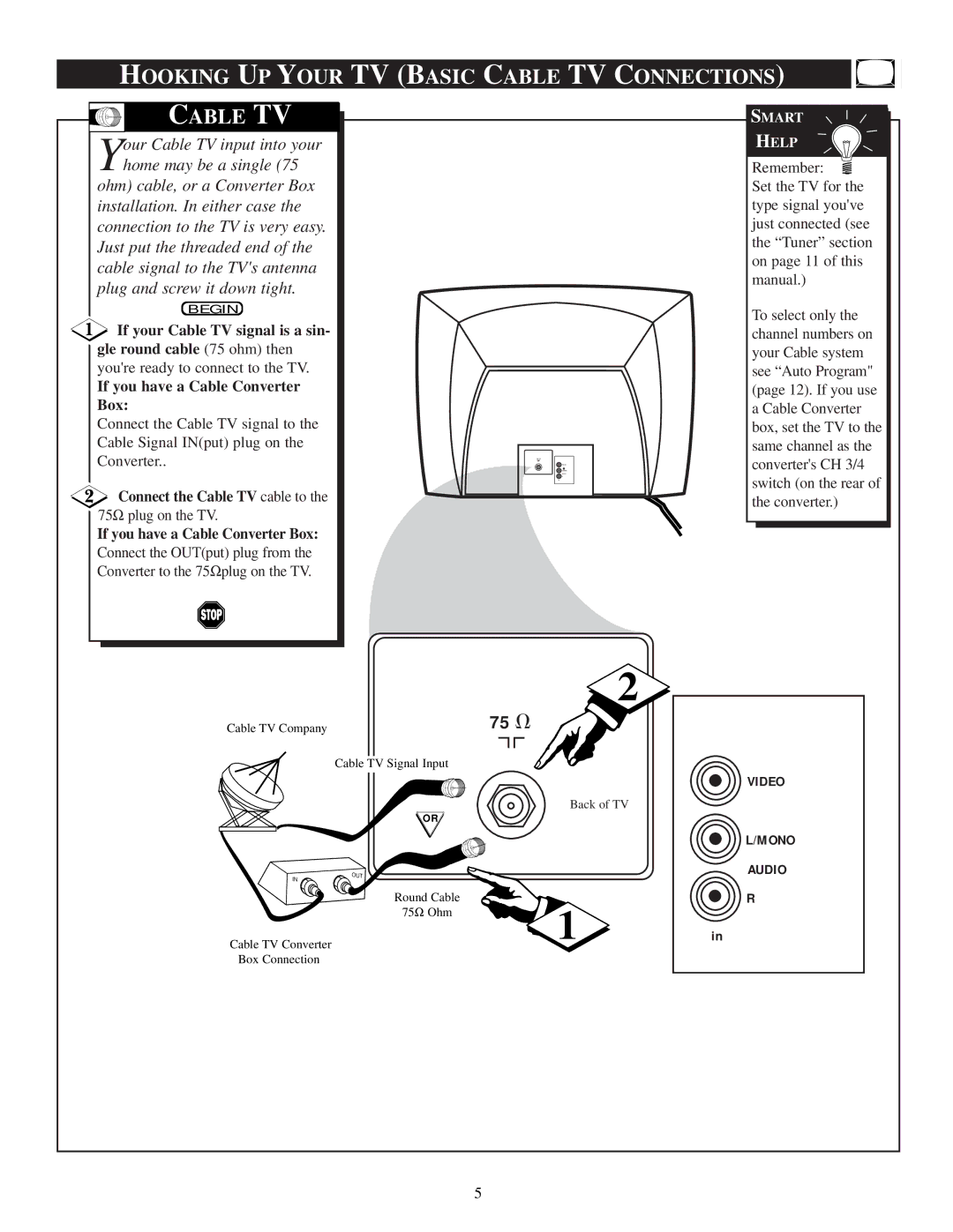 Magnavox 19PS56C manual Hooking UP Your TV Basic Cable TV Connections 