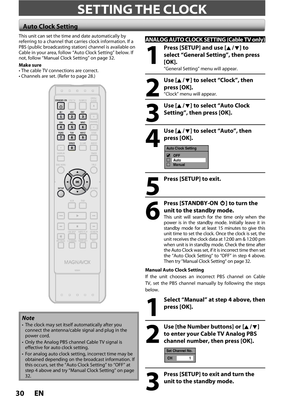 Magnavox 1VMN26713A Setting the Clock, Auto Clock Setting, Press Setup and use K/ L to, Select General Setting, then press 