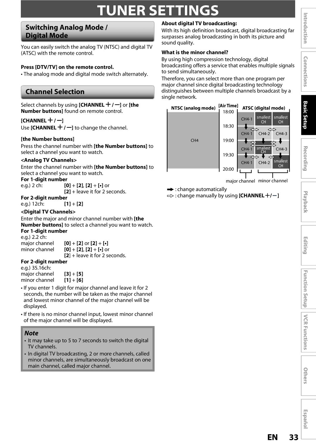 Magnavox 1VMN26713A owner manual Tuner Settings, Switching Analog Mode Digital Mode, Channel Selection 