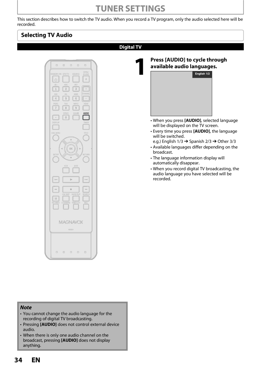 Magnavox 1VMN26713A owner manual Tuner Settings, Selecting TV Audio, Press Audio to cycle through available audio languages 