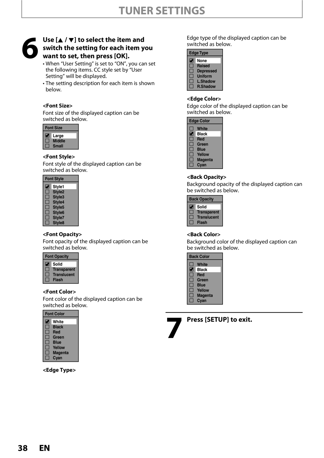 Magnavox 1VMN26713A Font Size, Font Style, Edge Color, Back Opacity, Font Opacity, Font Color, Back Color, Edge Type 