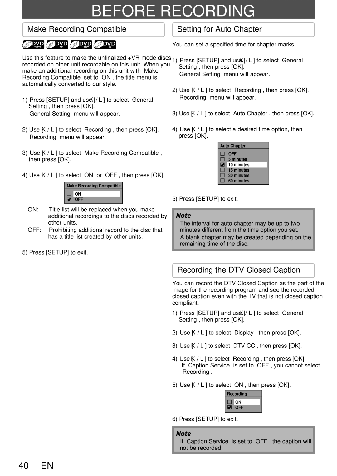 Magnavox 1VMN26713A owner manual Before Recording, Make Recording Compatible, Recording the DTV Closed Caption 