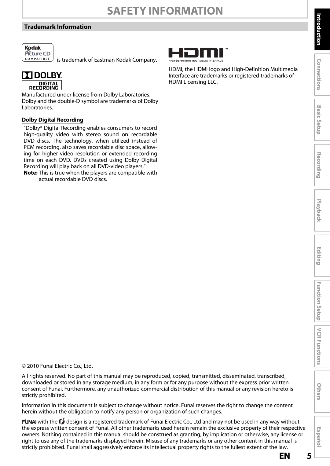 Magnavox 1VMN26713A owner manual Trademark Information, Dolby Digital Recording 