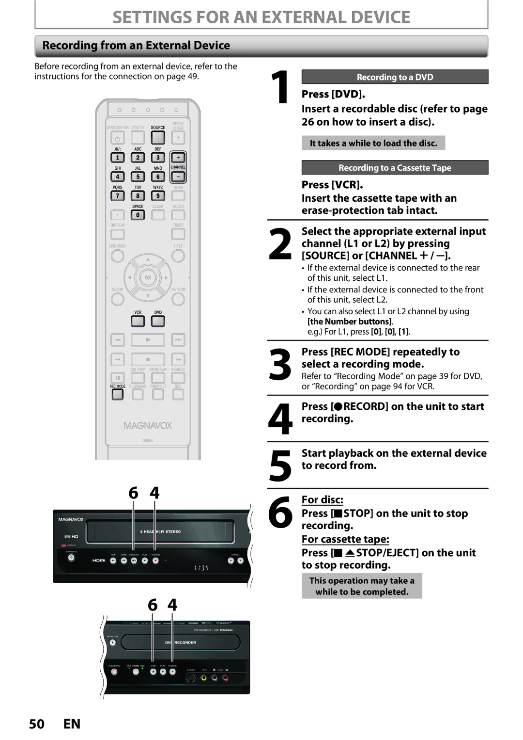 Magnavox 1VMN26713A owner manual Settings for AN External Device, Recording from an External Device, Press VCR 